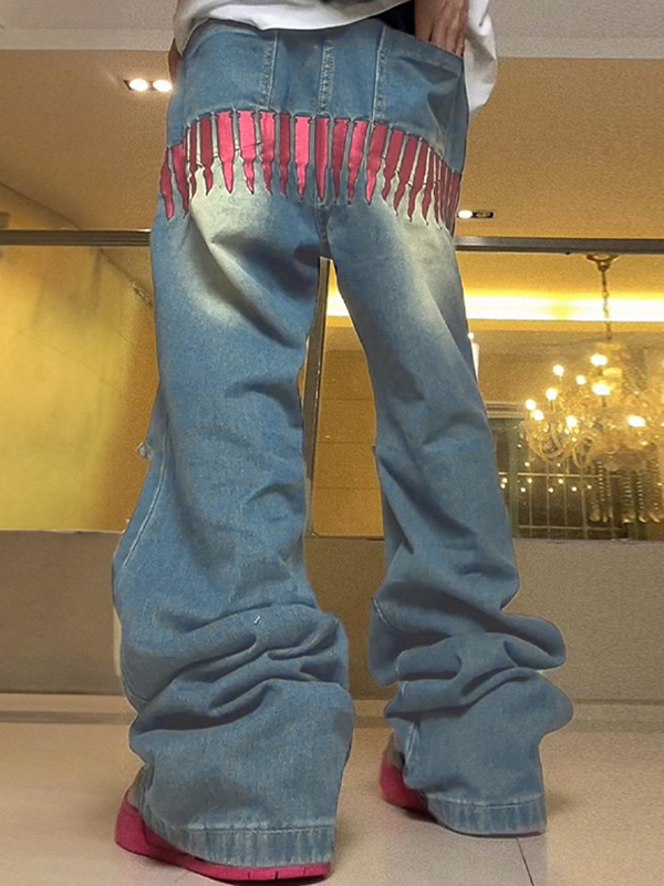 Zerrissene, lockere Herrenjeans mit Bullet-Stickerei in Rosa