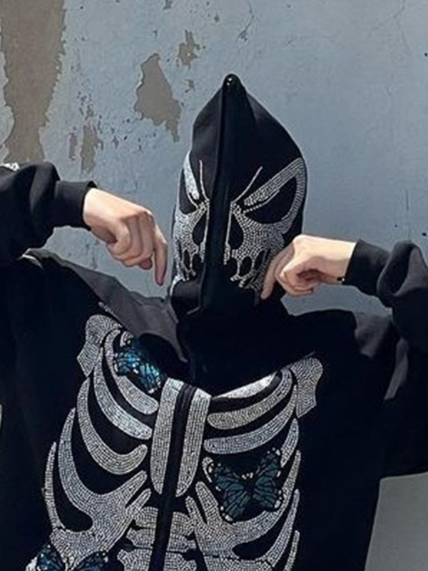 Übergroßer Kapuzenpullover mit Skelett-Schmetterling und Strasssteinen für Herren