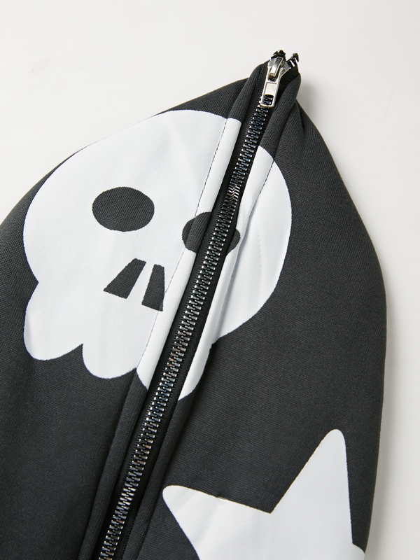 Übergroßer Kapuzenpullover mit durchgehendem Reißverschluss und Street-Skull-Stern-Herz-Print für Herren