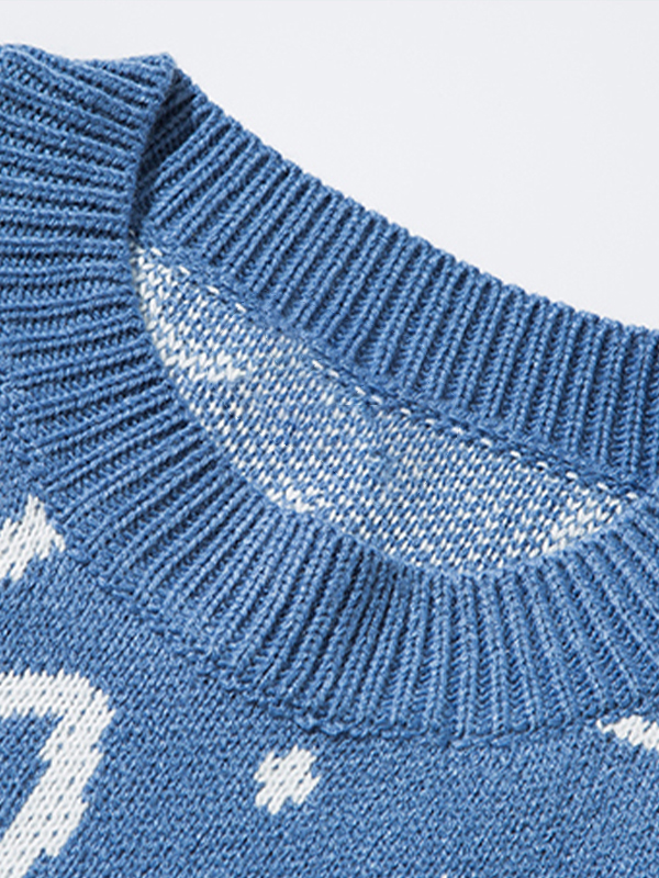 Jacquard-Pullover mit Rundhalsausschnitt für Herren mit Allover-Cartoon-Katzenmuster