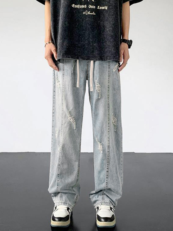 Herren-Hose mit geradem Bein, verwaschenem Riss und Kordelzug