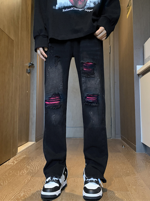 Herrenhose mit kontrastierenden Aufnähern, seitlichem Reißverschluss und geradem Bein