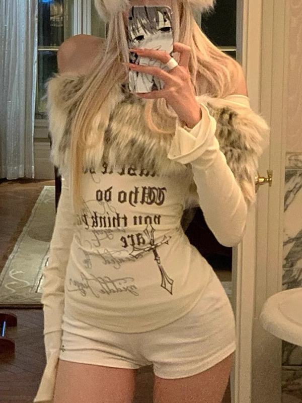 Sexy Hot Girl Pelzkragen Brief Print Langarm