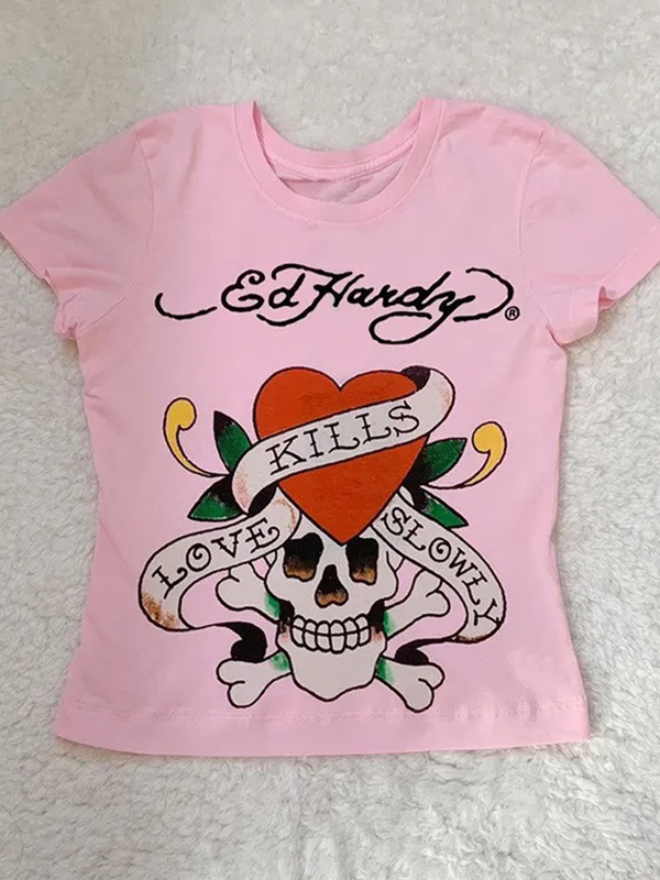 T-Shirts mit Totenkopf- und Rosendruck, kurzärmelig