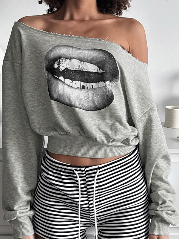 T-Shirt mit Lippenprint, Oversize, lange Ärmel