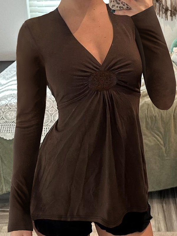 Retro Plissee V-Ausschnitt Langarm