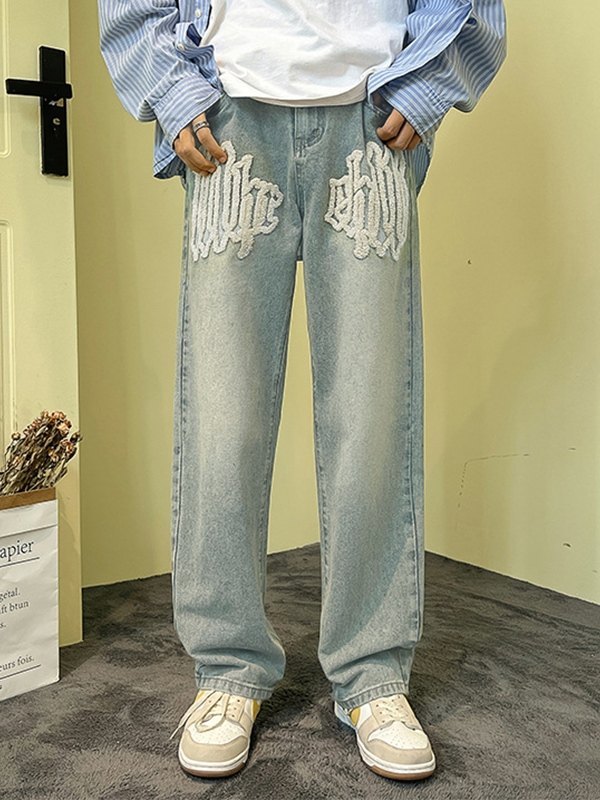 Fuzzy Letter Straight Leg Jeans für Herren