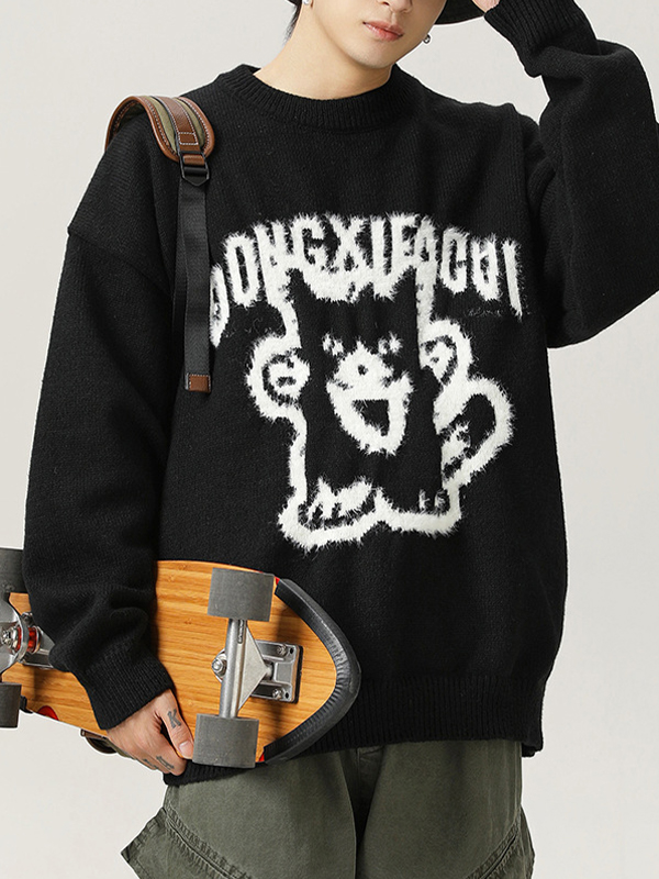 Pullover mit Rundhalsausschnitt und handbemaltem Cartoon-Muster