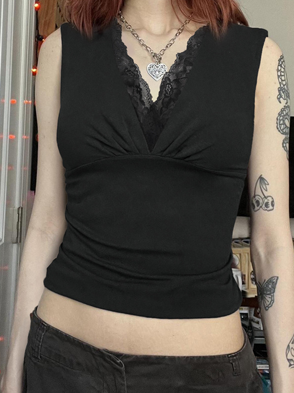 Tanktop mit V-Ausschnitt und Spitzen-Patchwork