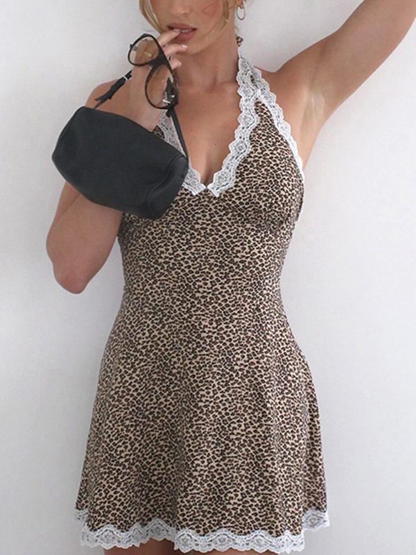 Neckholder-Minikleid mit V-Ausschnitt und Spitze