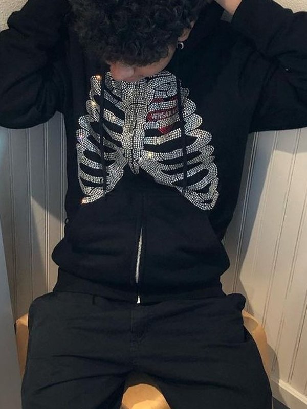 Halloween-Strassschädel-Kapuzenpulli mit Reißverschluss für Herren