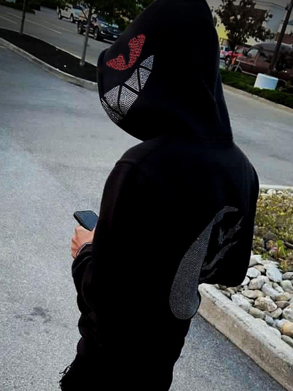 Schmaler, übergroßer Kapuzenpullover mit Devil Moon-Strass-Print für Herren