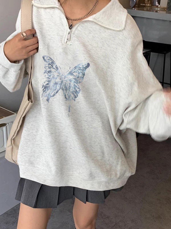 Vintage-Sweatshirt mit halbem Reißverschluss und Schmetterlingsdruck