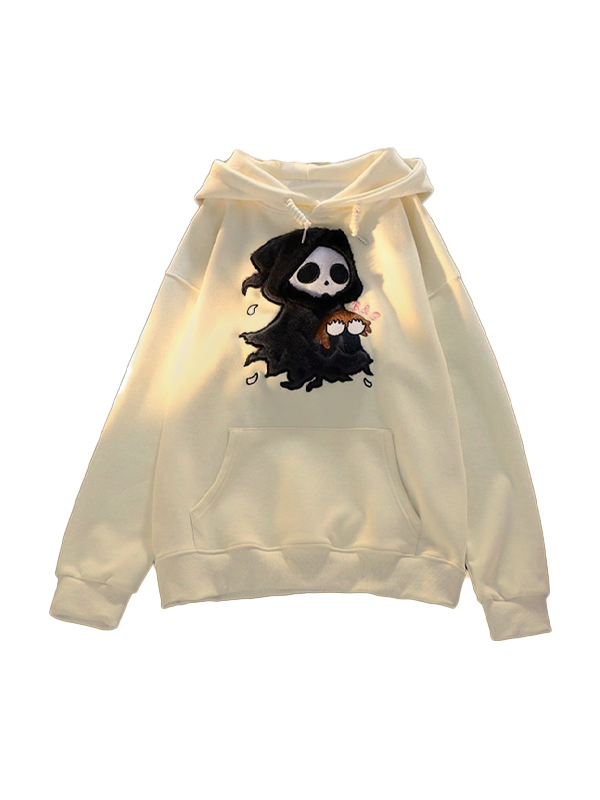 Flauschiger, übergroßer Kapuzenpullover mit Cartoon-Geist-Stickerei