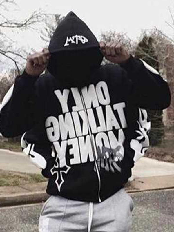 Übergroßer Kapuzenpullover mit Schaumbuchstaben und Flammen-Print für Herren