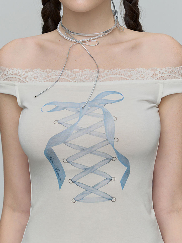 One-Shoulder-T-Shirt mit kurzen Ärmeln aus Spitze