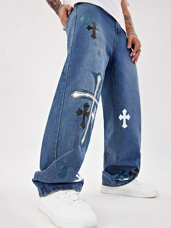 Lockere Jeans mit Clashing-Kreuz-Print für Herren