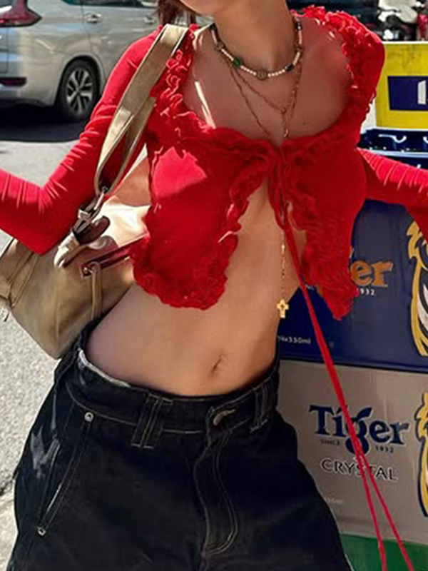 Langärmliges T-Shirt mit ausgestellten Ärmeln und Schnürung