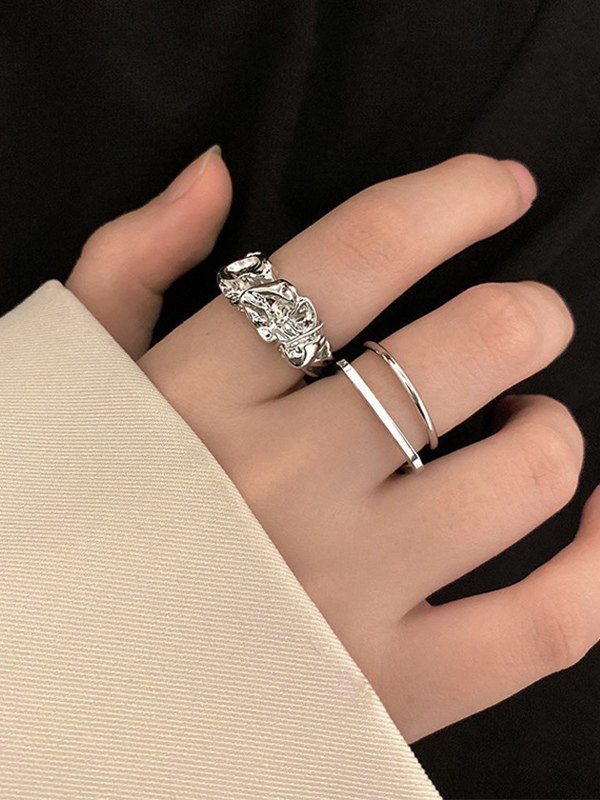 2 Stück Unregelmäßiges Silberring-Set