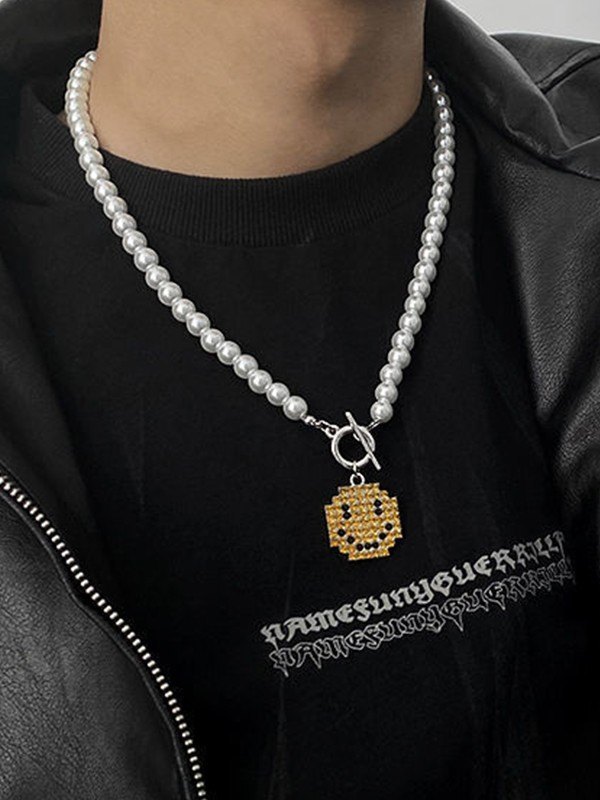 Herren Smile Anhänger Faux Pearl Toggle Halskette