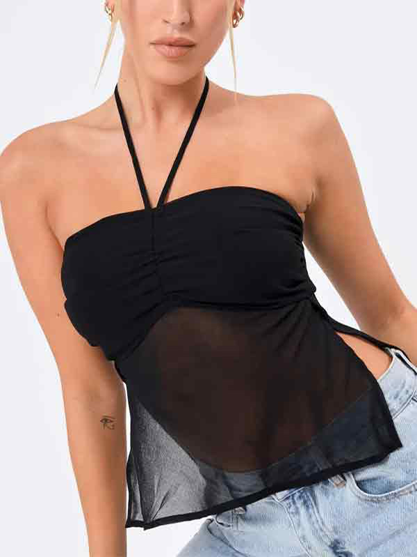 Neckholder-Weste mit Netzschlitz und Plissee-Design