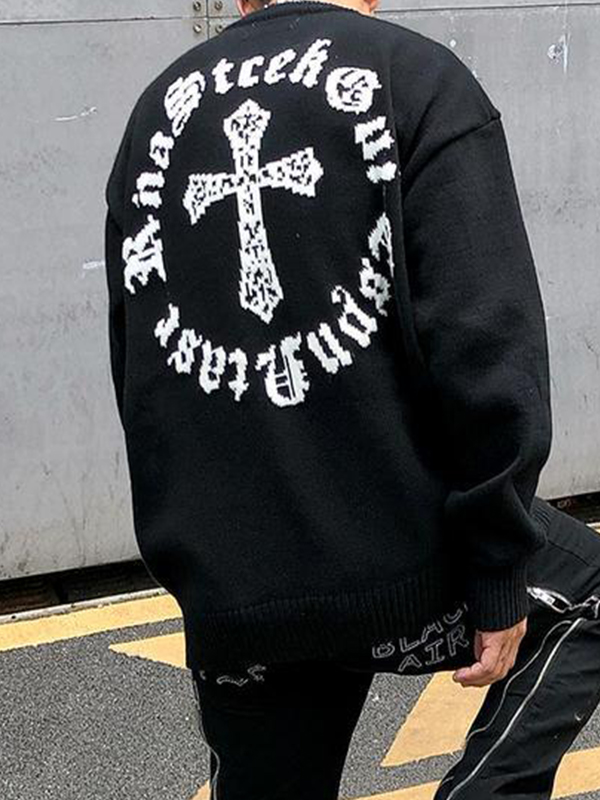 Übergroßer Herrenpullover mit Vintage-Kreuzbuchstaben-Print