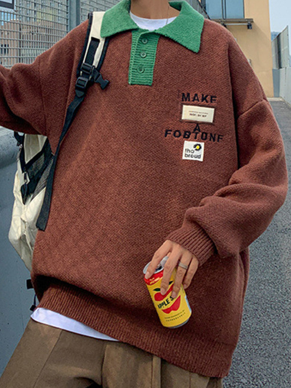 Herren-Strickpullover mit Buchstaben-Stickerei und Beschriftung in Kontrastfarbe