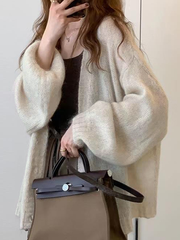 Einfarbiger Baggy-Cardigan aus Mohair mit Laternenärmeln