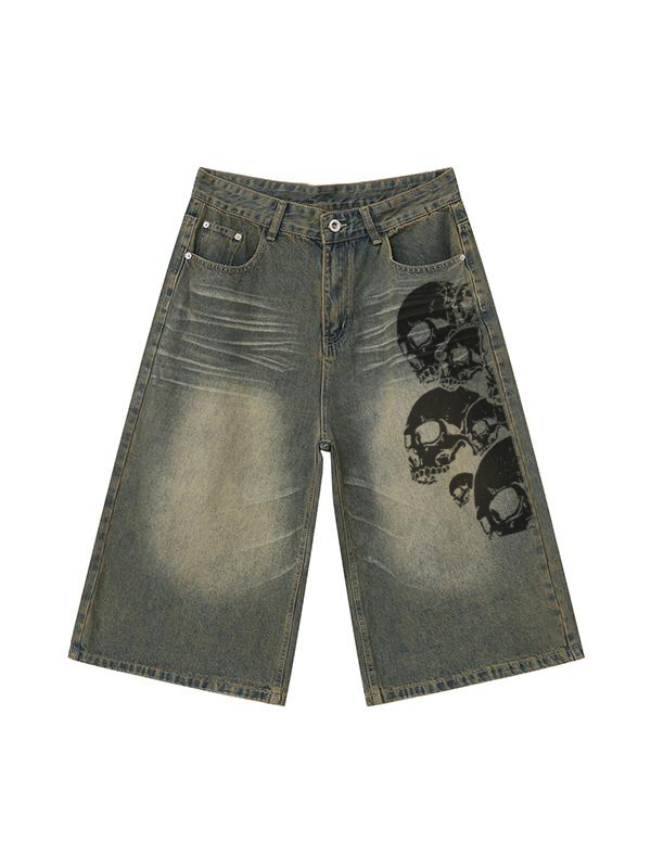Lockere, lässige Jeansshorts für Herren mit Totenkopf-Print